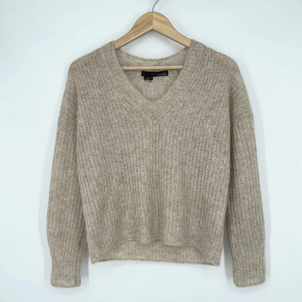 360 Sweater Alpaca Wool Blend Sparkle V Neck Sweater, Tan/ Gold - Picture 1 of 9